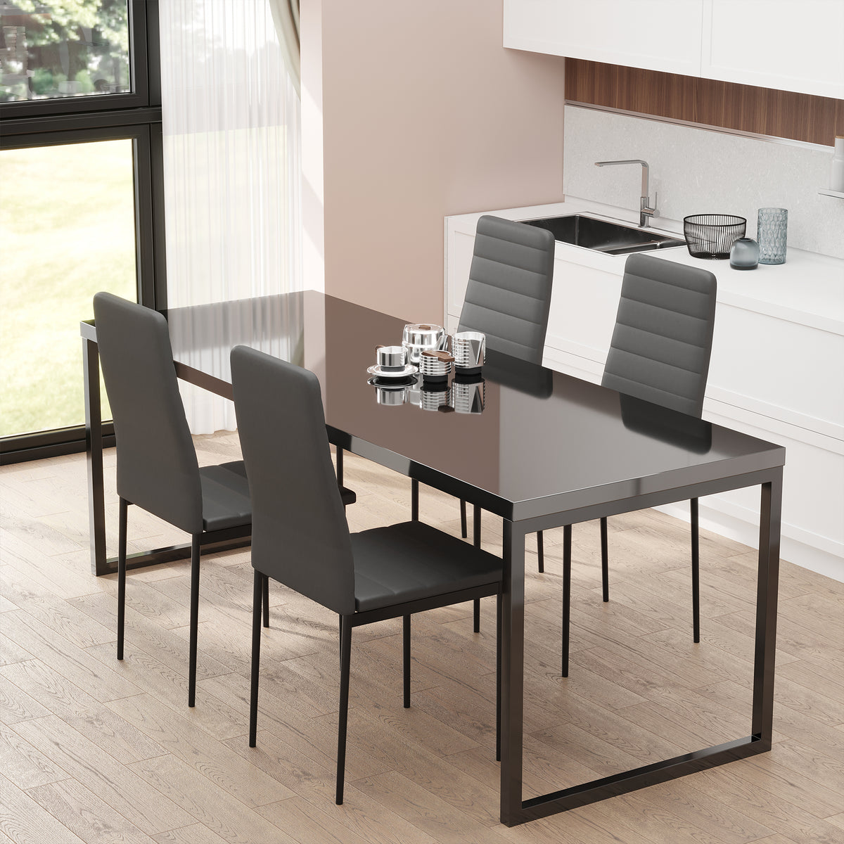 Lot de 4 chaises de salle à manger chaises de cuisine avec dossier haut pieds en métal et tissu en lin 41x50x97cm noir-9