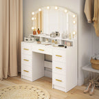Coiffeuse avec Miroir, Lumières LED Réglable 3 Couleurs, 7 Tiroirs, 3 Compartiments Ouverts, 110 x 40 x 150 cm, Blanc-7