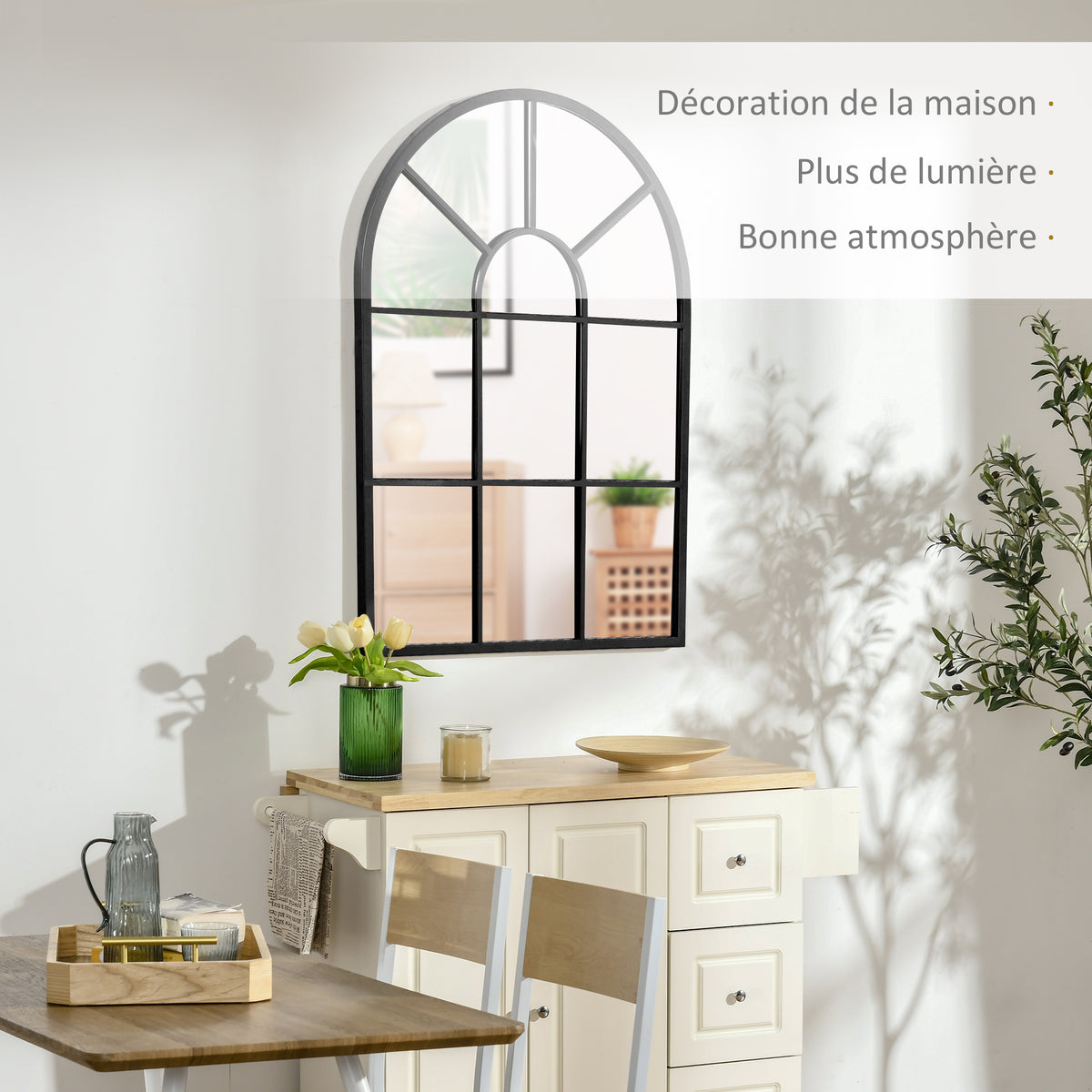 Miroir mural arqué 91x60cm, verrière arche industriel, fenêtre cadre métallique, salon, chambre, couloir, noir-3