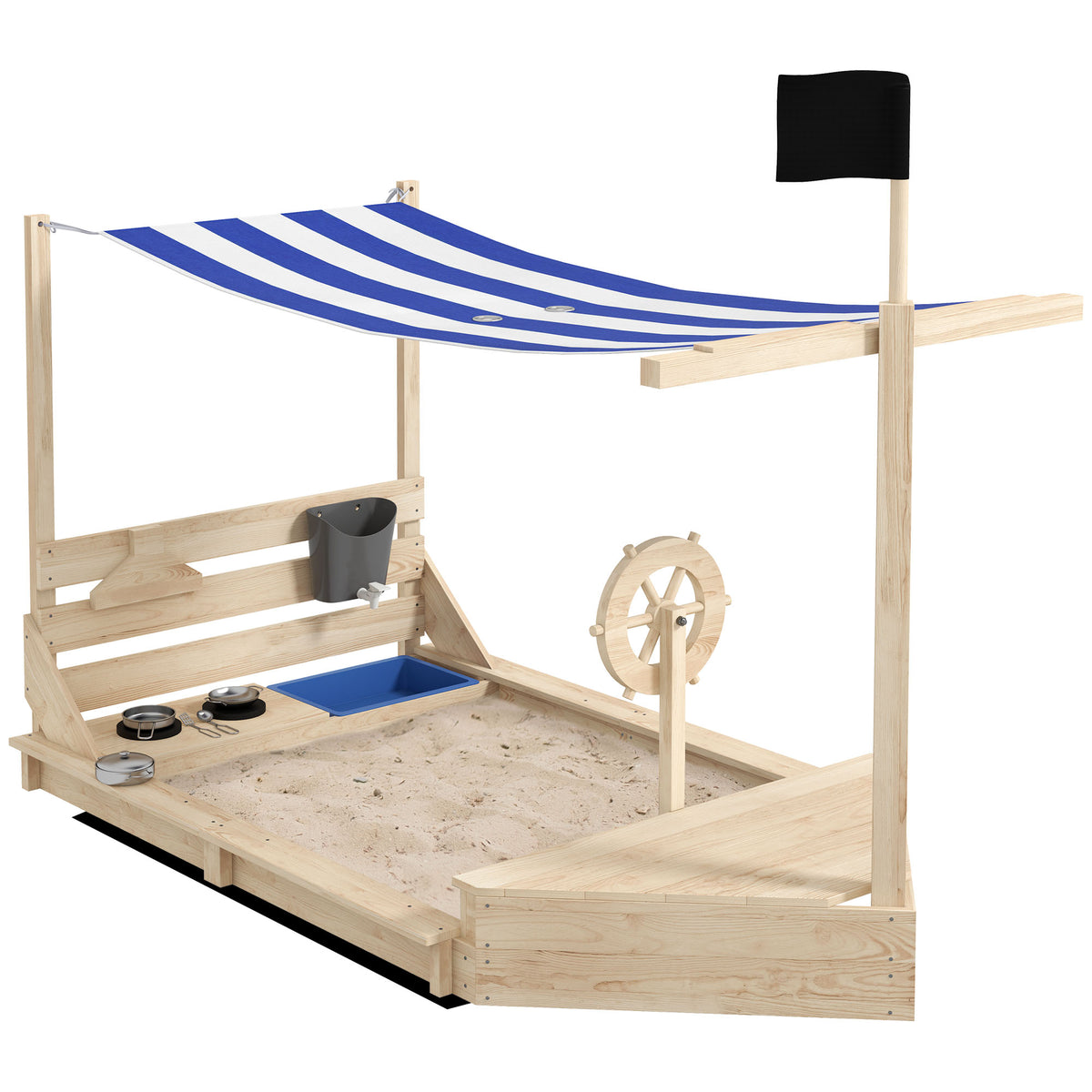 Bac à sable en bois avec jeu de cuisine 6 accessoires coffre rangement gouvernail drapeau 180 x 103 x 144,5 cm naturel-0