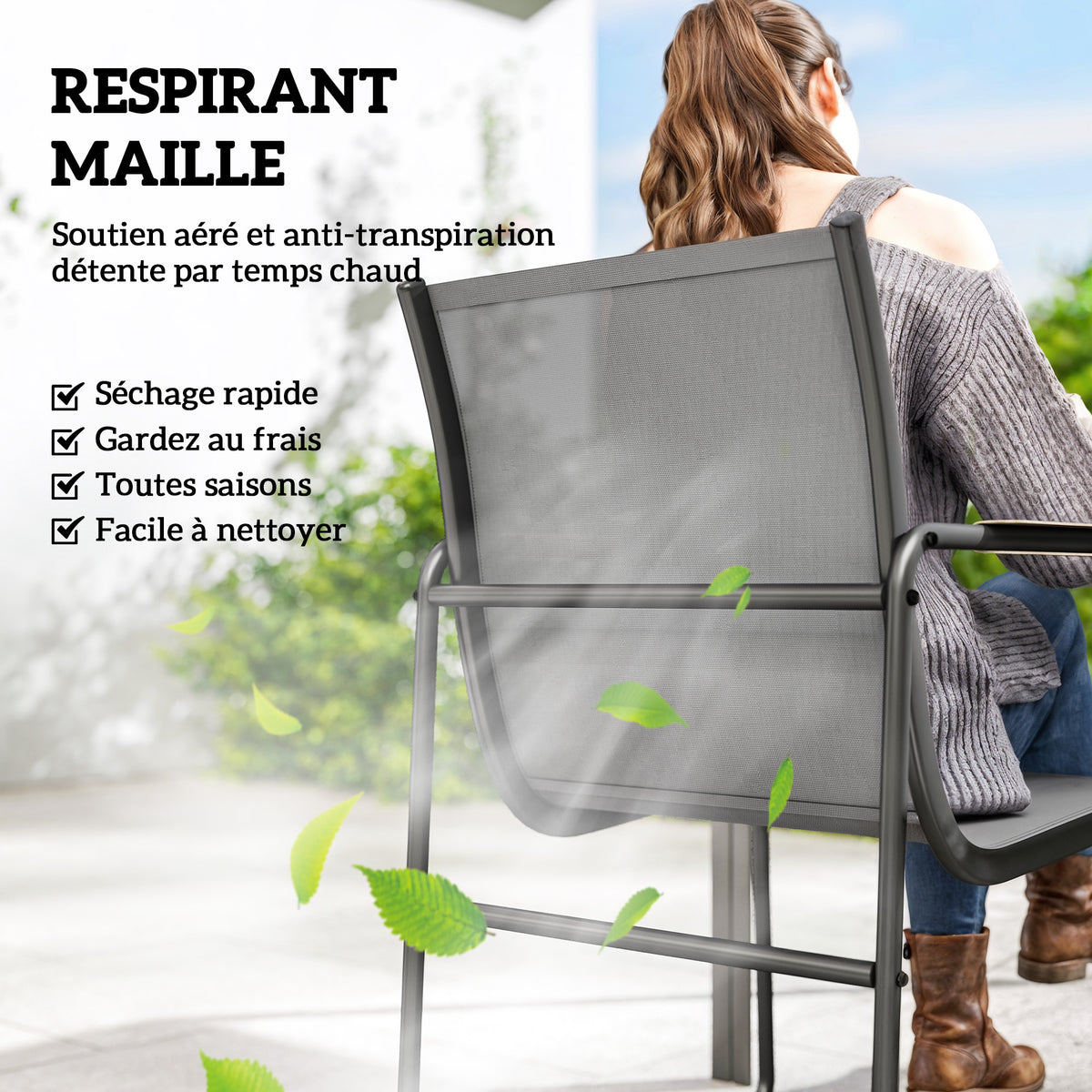 Ensemble de Salle à Manger d'Extérieur 7 Pièces pour 6 Personnes, Table en Verre et Chaises en Maille avec Accoudoirs Décoratifs, Gris-3