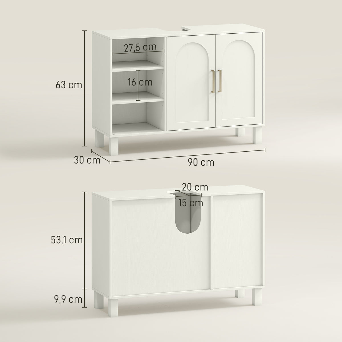 Meuble sous lavabo meuble de salle de bain avec placard à deux niveaux étagères réglables 90l x 30P x 63H cm crème-2