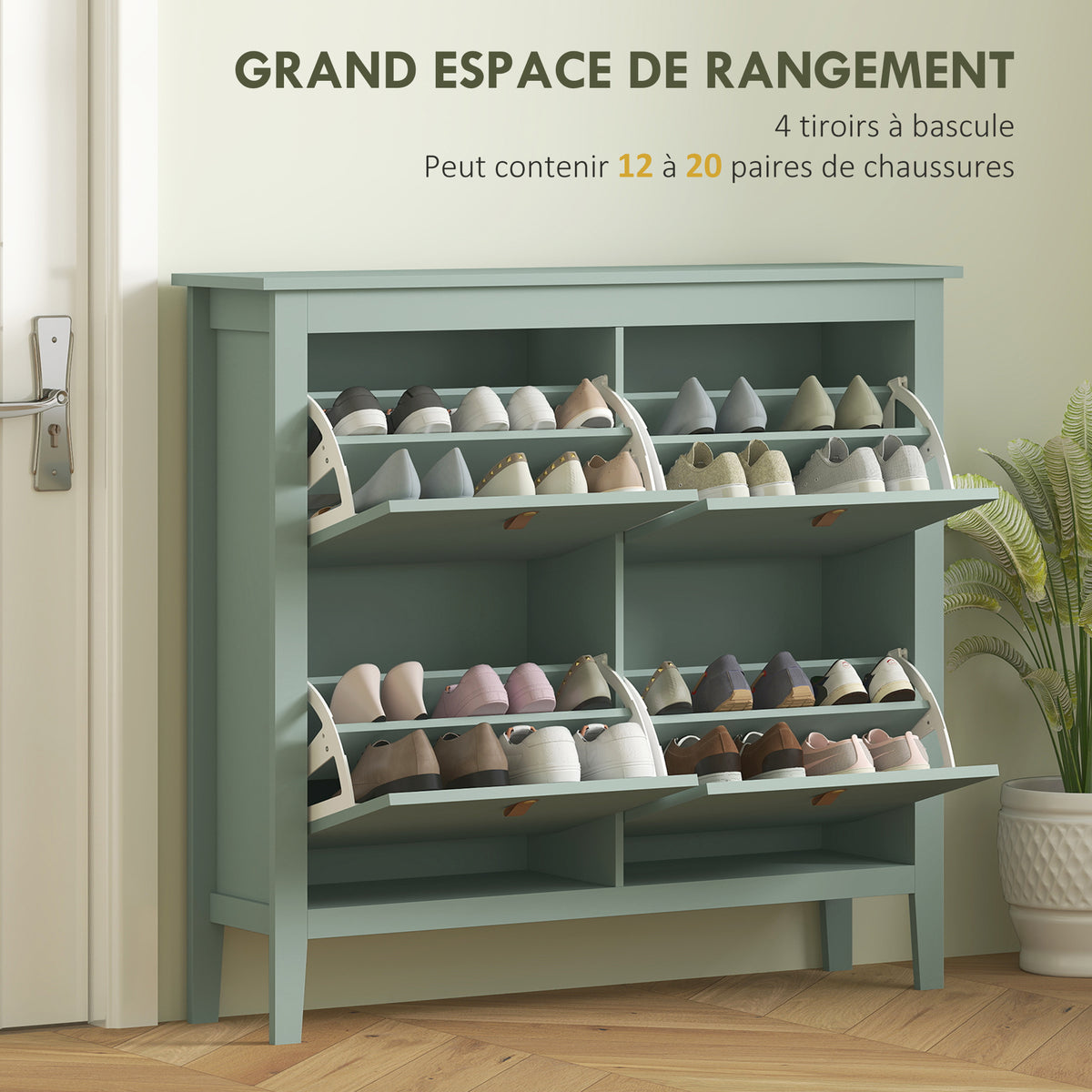 Meuble à chaussures 20 paires, armoire à chaussures avec 4 tiroirs rabattables, étagères amovibles et réglables, vert-3