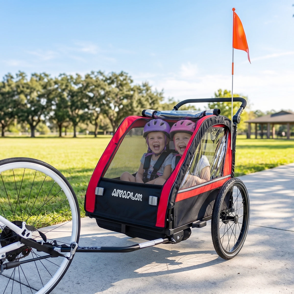 Remorque vélo enfant 2 en 1, poussette vélo bébé 2 places, guidon réglable, frein à main, ceinture de sécurité, rouge-1