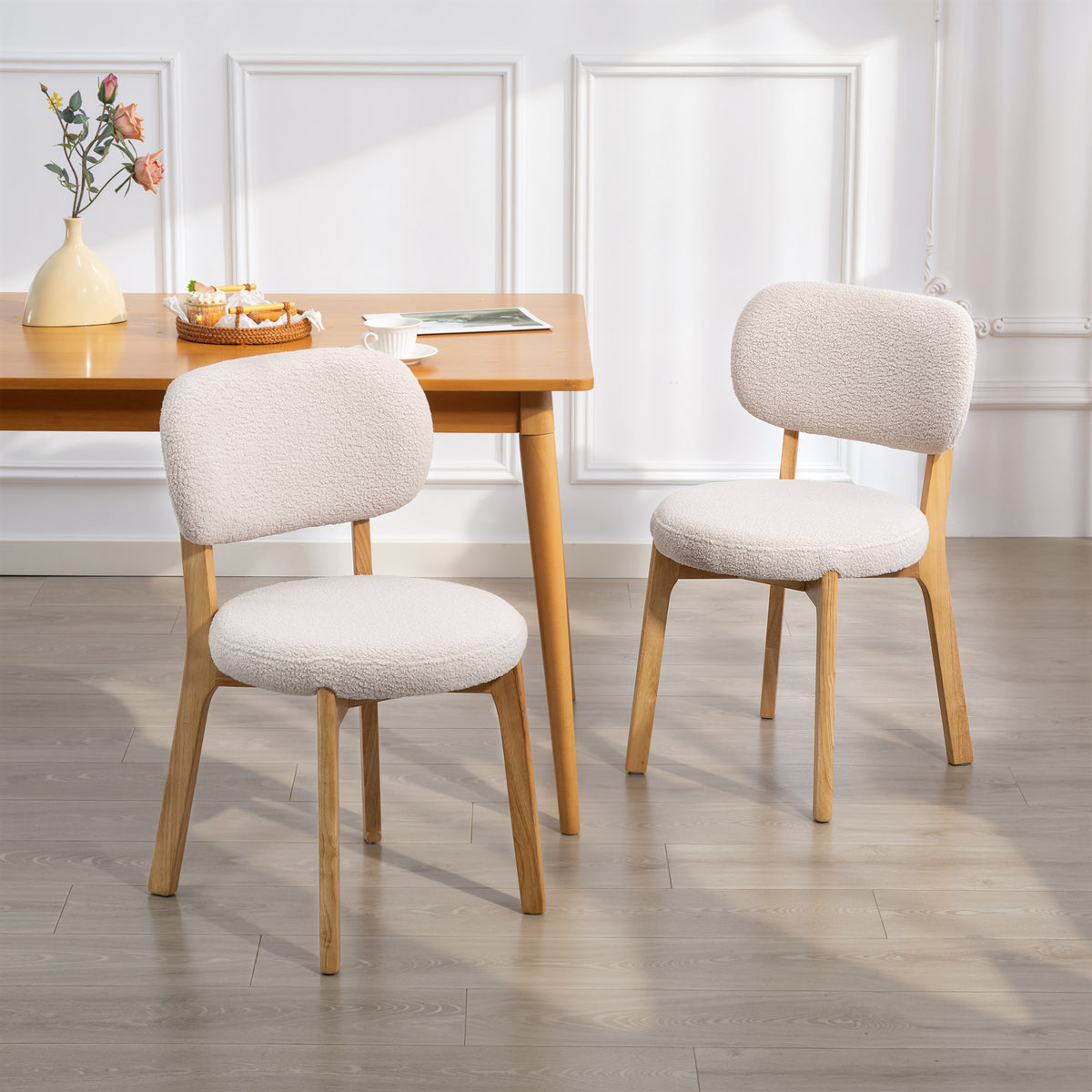 Lot de 2 chaises de salle à manger, chaises de cuisine rembourrées, pieds en bois d'hévéa, 46,5 x 52 x 80 cm, crème-9