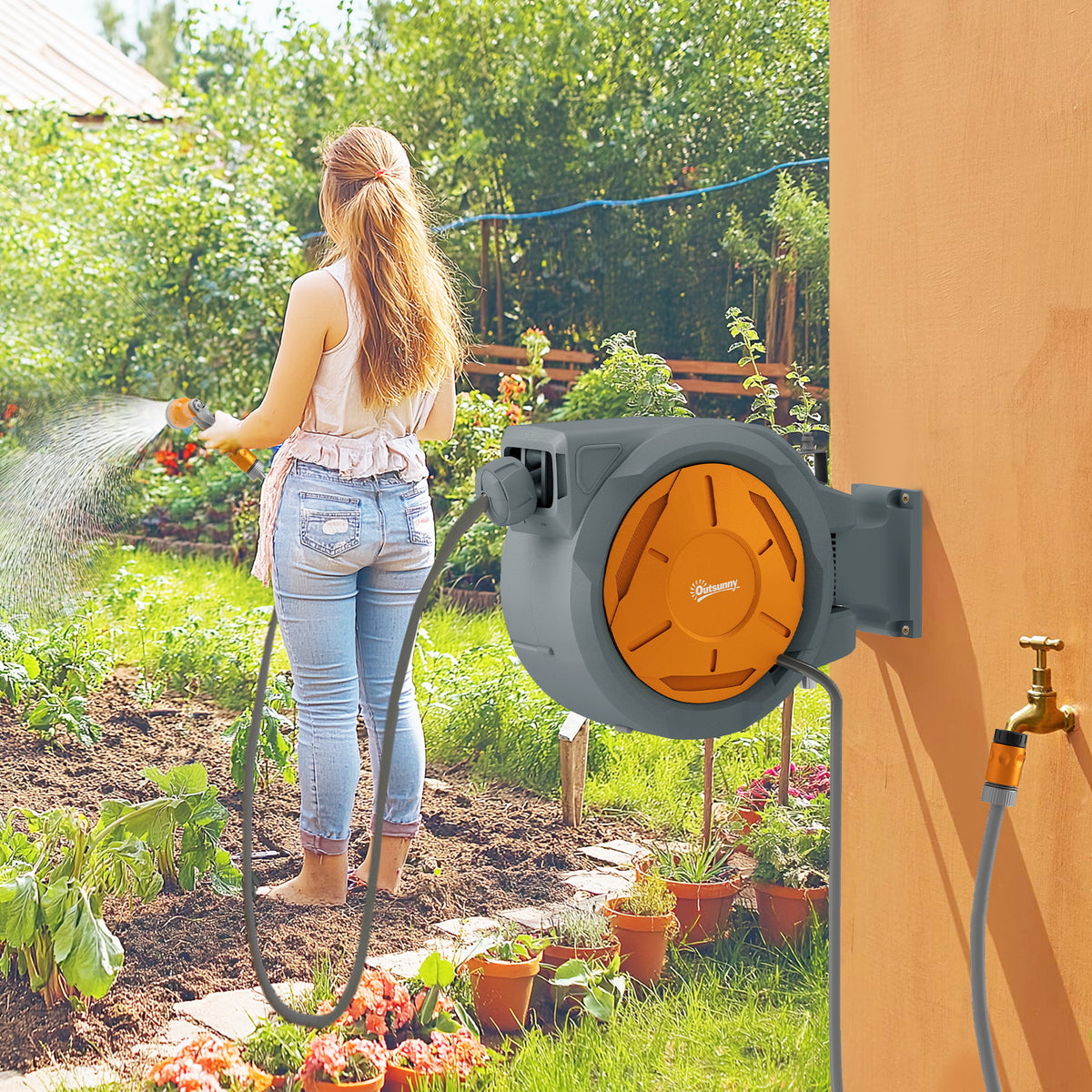 Enrouleur Tuyau Arrosage Mural 30 m x Ø 15 mm Dévidoir Automatique de Tuyaux d'Eau Rétractable Automatique orange-1