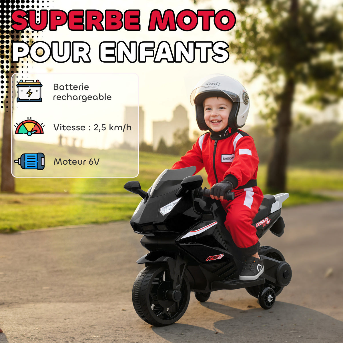 Moto électrique enfants, moto à batterie 6 V avec effets lumineux et sonores, roues d'entraînement, 75x36x49cm, noir-3