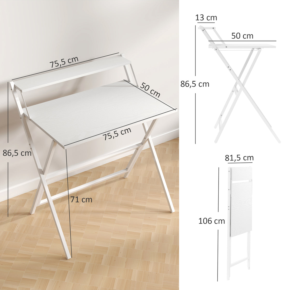Bureau pliable 75,5 x 50 cm avec étagère de rangement pour chambre, petits espaces, blanc-2
