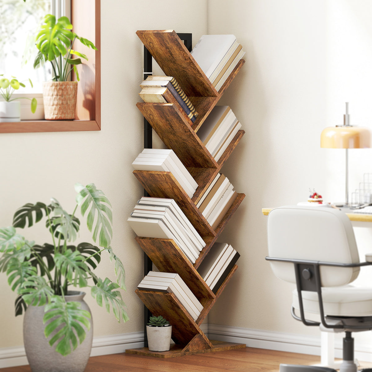 Bibliothèque Arbre à 9 Niveaux, Meuble de Rangement Industriel avec Cadre en Acier, 50x24x136cm, Brun Rustique-1