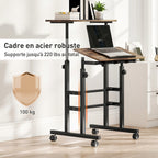 Bureau assis debout bureau réglable en hauteur 60 x 60 cm à roulettes avec plateau inclinable cadre métal brun rustique-6