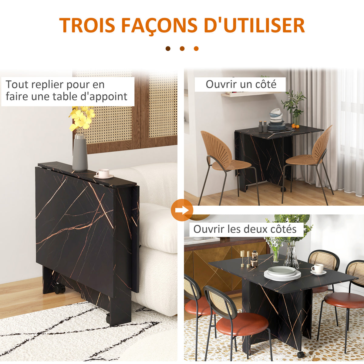 Table pliante cuisine table à manger pliable avec 2 abattants 2 roues avec freins 120 x 80 x 73 cm noir marbré imitation-3