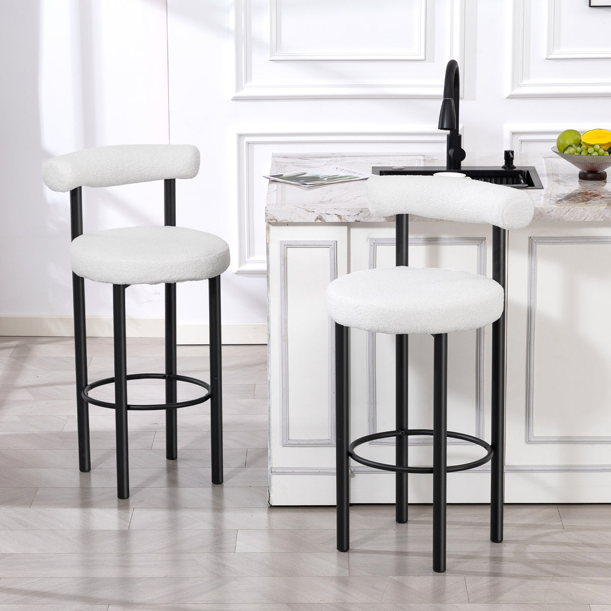 Lot de 2 tabourets de bar, chaises de bar en tissu bouclette avec dossier incurvé, repose-pieds, 50x52,5x98cm, blanc-9