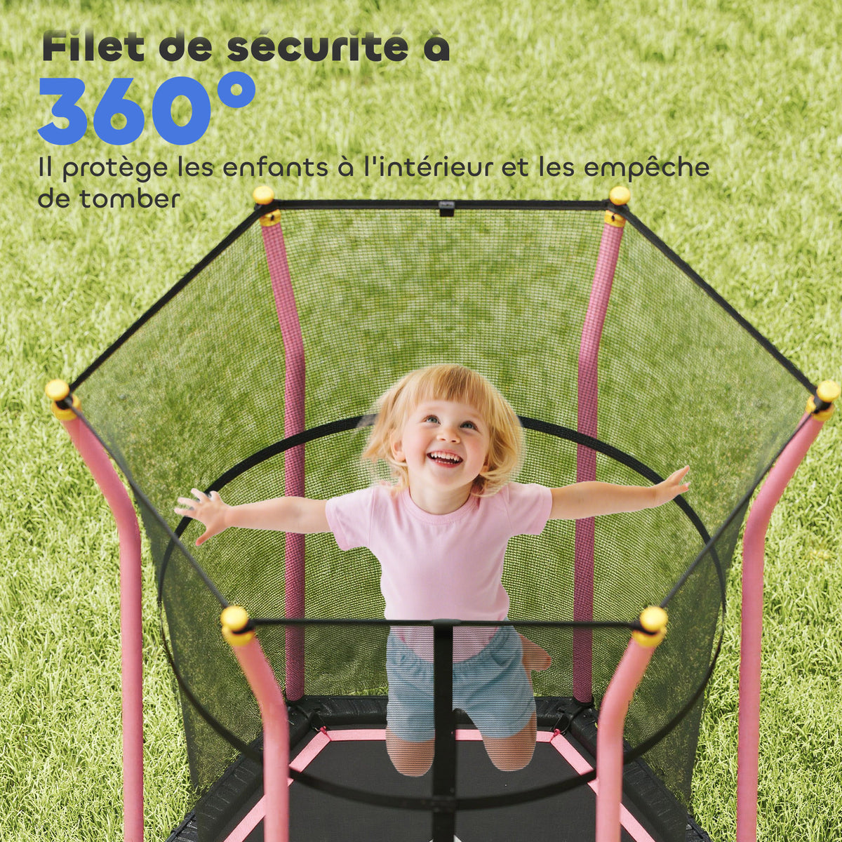 Trampoline pour enfant 1,22 x 1,11 x 1,9 m filet de sécurité porte zippée 6 poteaux rembourrés inclus rose noir-5