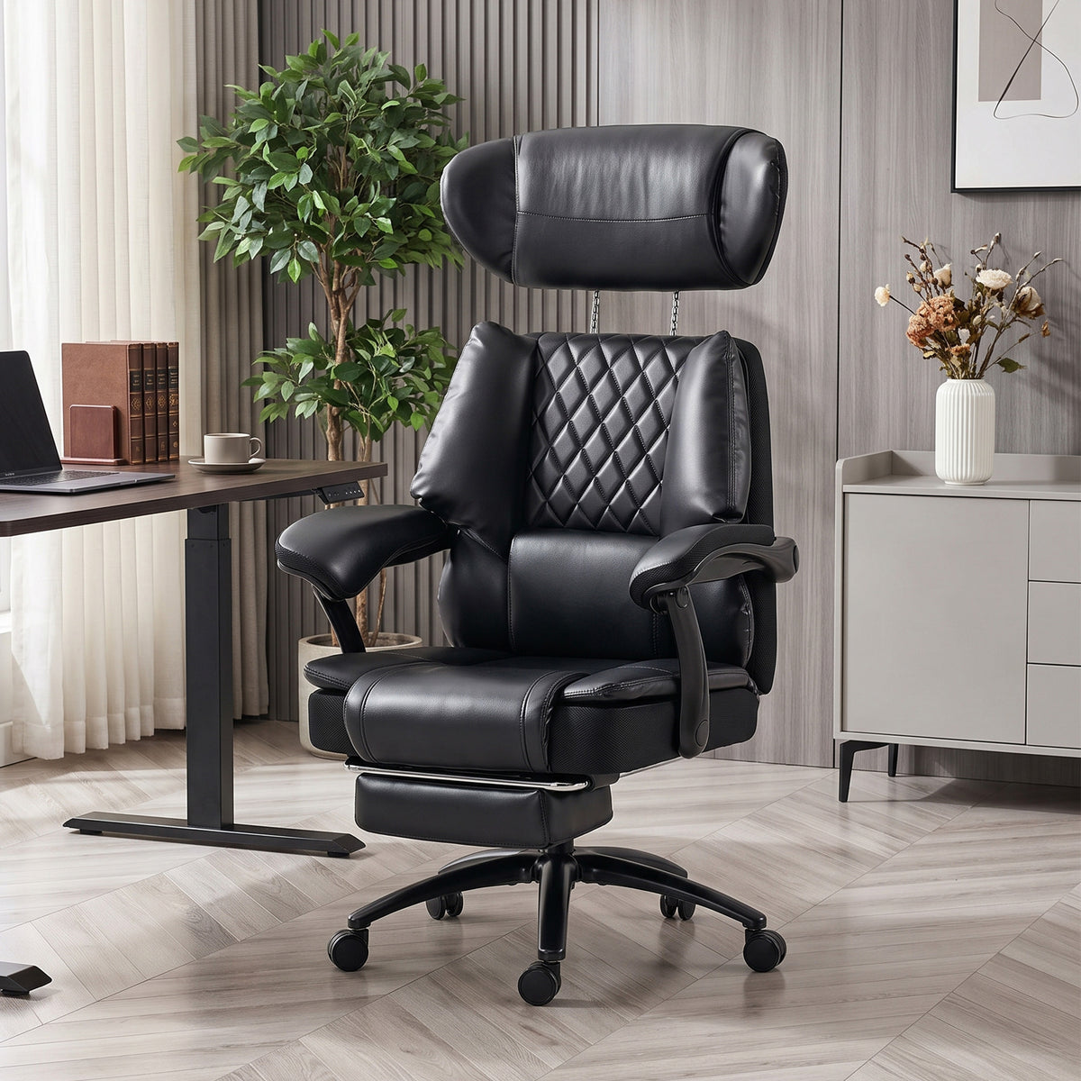 Fauteuil de Bureau Grande Taille, Chaise de Direction Ergonomique en PU 225 Kg, Appui-Tête Réglable, Noir-1