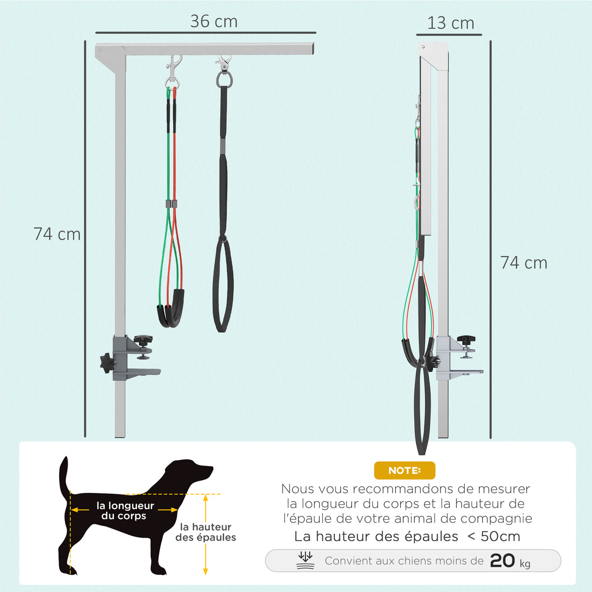 Bras de toilettage pliable pour animaux de compagnie en acier inoxydable avec collier de serrage pour chiens de grande et petite taille hauteur réglable max. 74 cm-2
