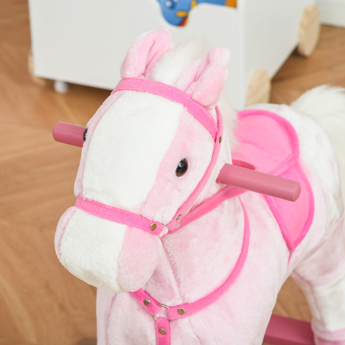 Cheval à Bascule en Bois et Peluche pour Enfant Cheval de Cowboy peluche Pour Enfants de 3-6 Ans Jouet balançoire avec Effet sonore Selle rênes Rose Blanc-7