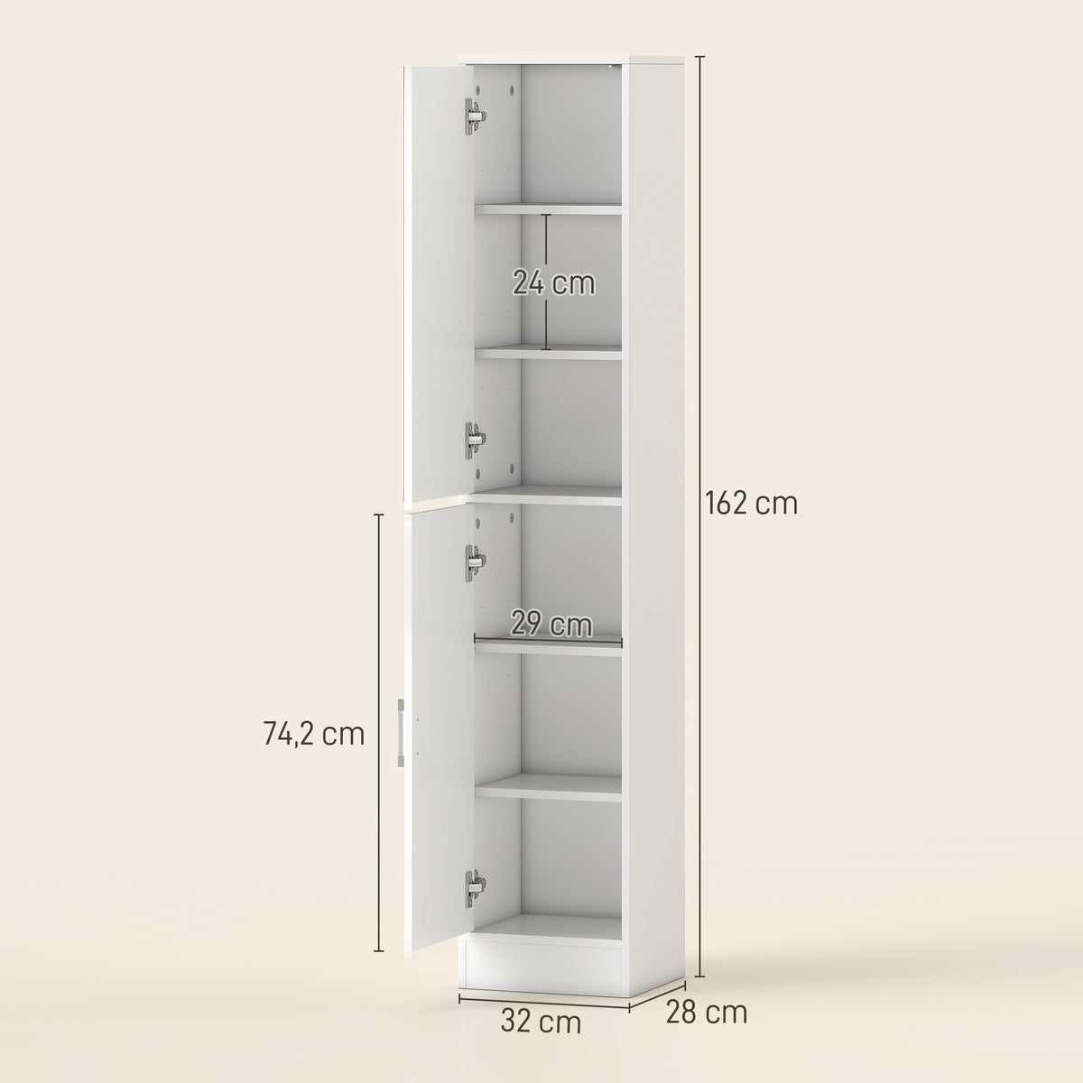 Meuble colonne salle de bain avec miroir, meuble de rangement à 6 niveaux 2 portes étagères réglables 32x28x162cm blanc-2