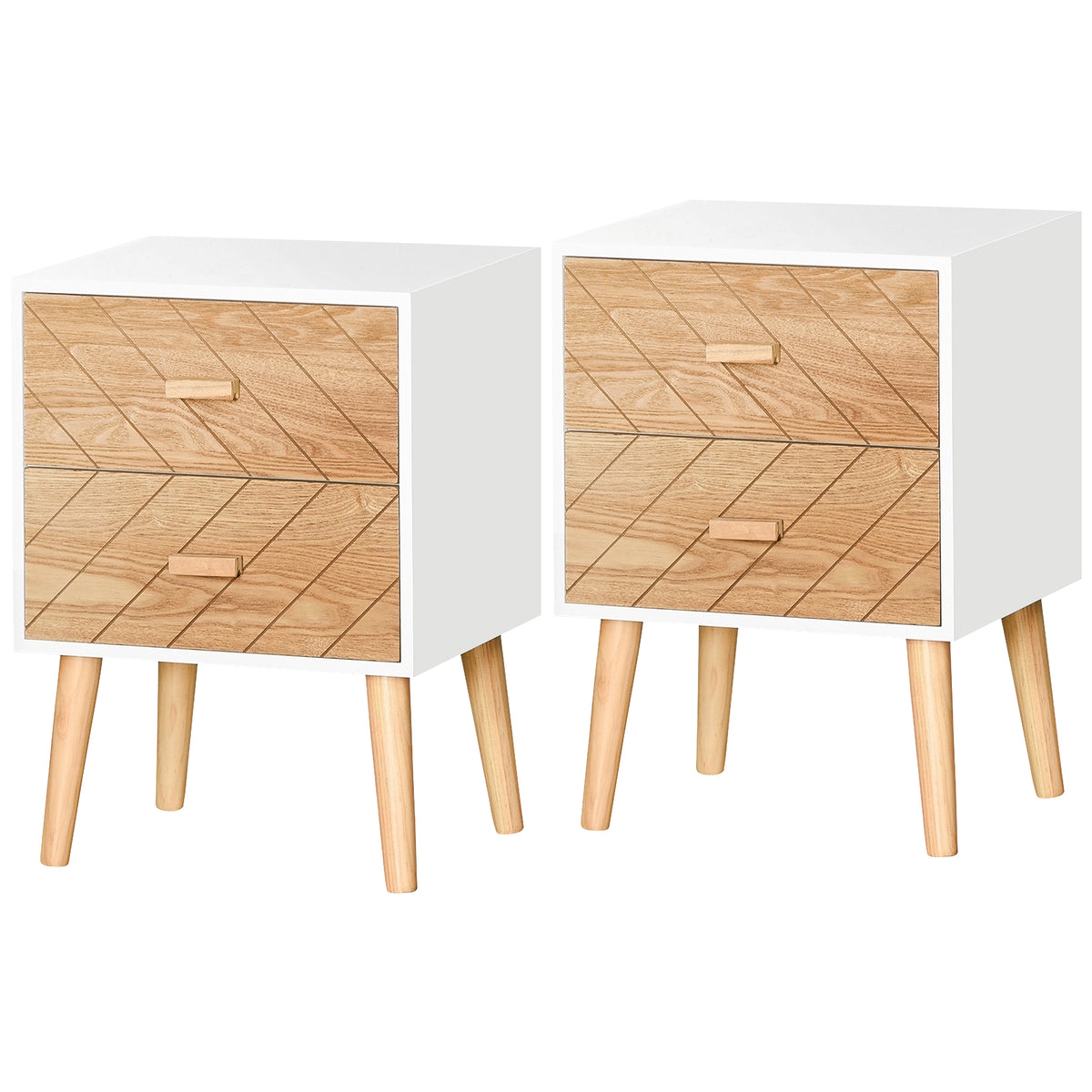 Chevet Table de Nuit Design scandinave 40L x 30l x 56H cm tiroirs Bois Massif pin MDF Blanc et hêtre Motif Graphique-0