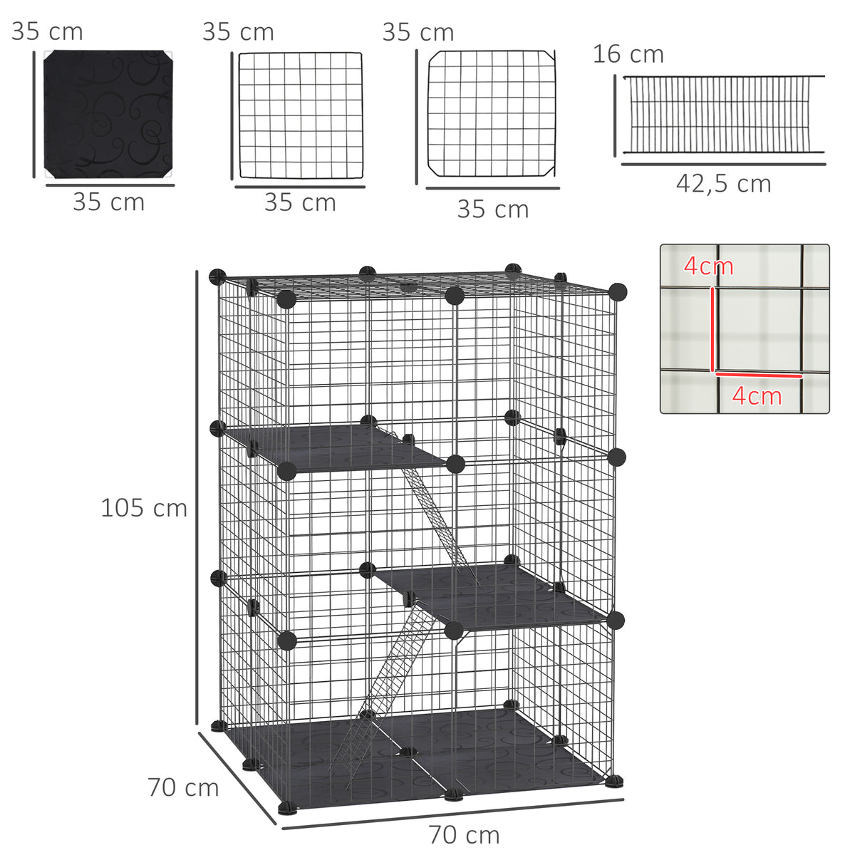 Enclos pour petits animaux, cage à lapin modulable 3 niveaux, 39 panneaux avec rampes, en métal, 70 x 70 x 105 cm, noir-2