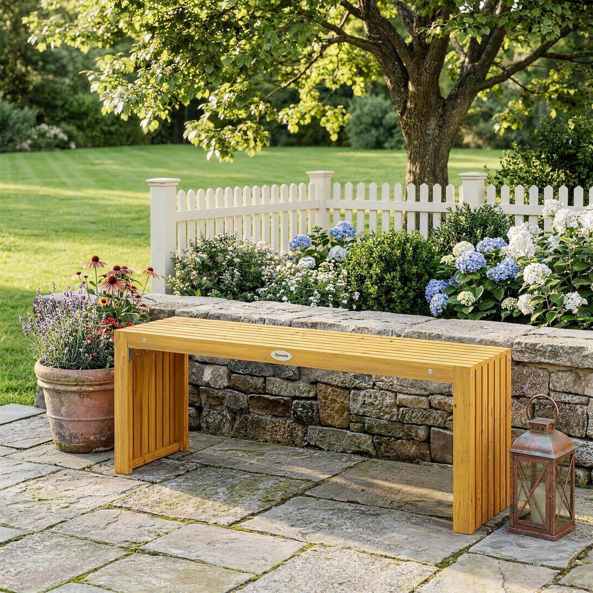 Banc de Jardin en Bois d'Acacia sans Dossier 2 Places, Assise à Lattes Effet Bois, 110x30x45cm, Bois naturel-9