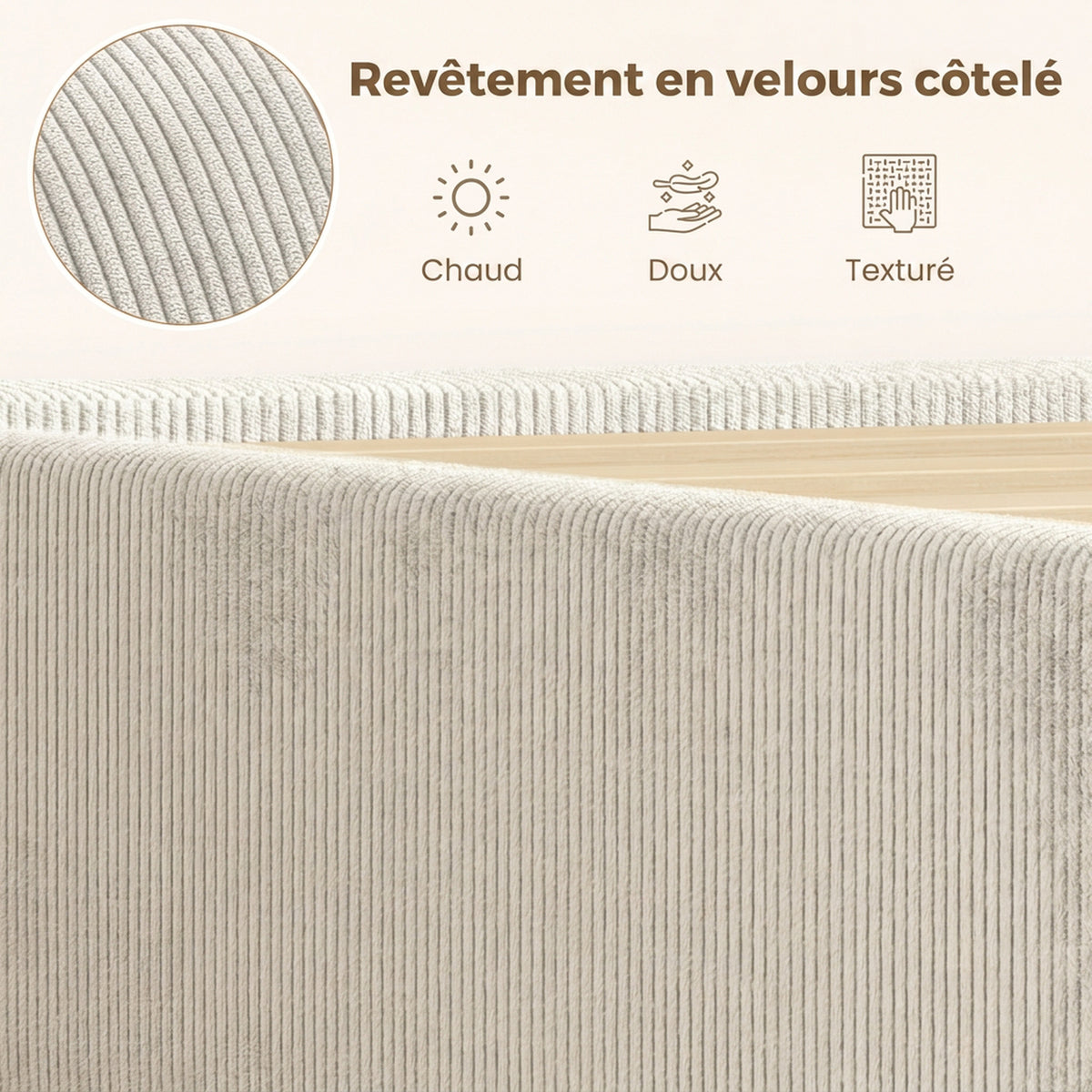 Cadre de Lit 140 x 190 cm avec Sommier, Tête Réglable, Lit Double Rembourré en Velours Côtelé, Sans Bruit, Gris Clair-4