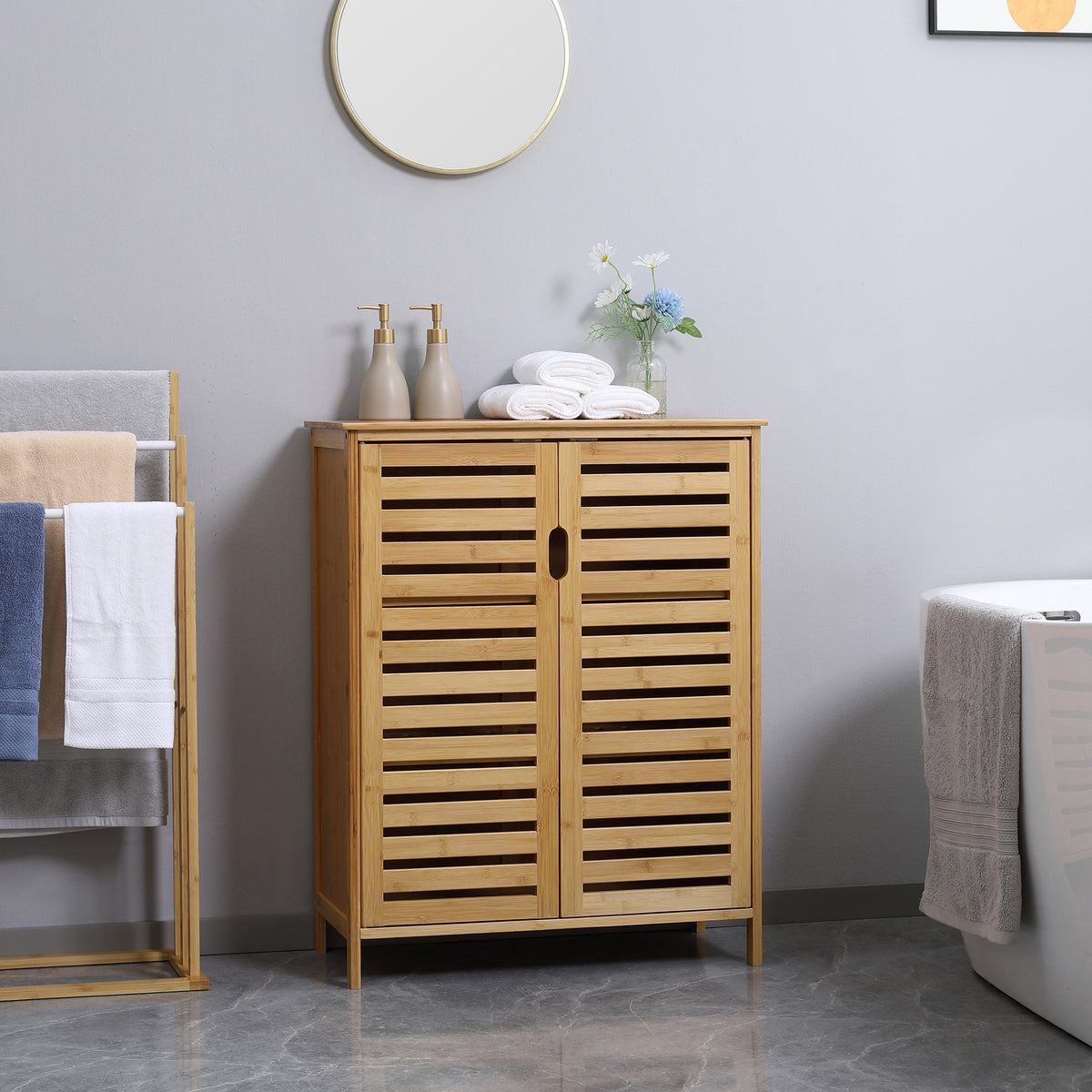 Meuble salle de bain en bambou armoire salle de bain sur pied avec double porte à lattes, 68 x 32 x 86 cm, naturel-1