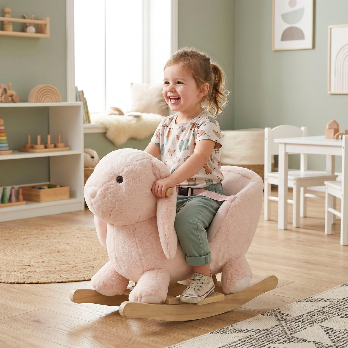 Cheval à Bascule Jouet à Bascule Lapin pour Enfants 18-36 Mois Fauteuil intégré Ceinture de sécurité Fonction sonore clapissement Rose-1