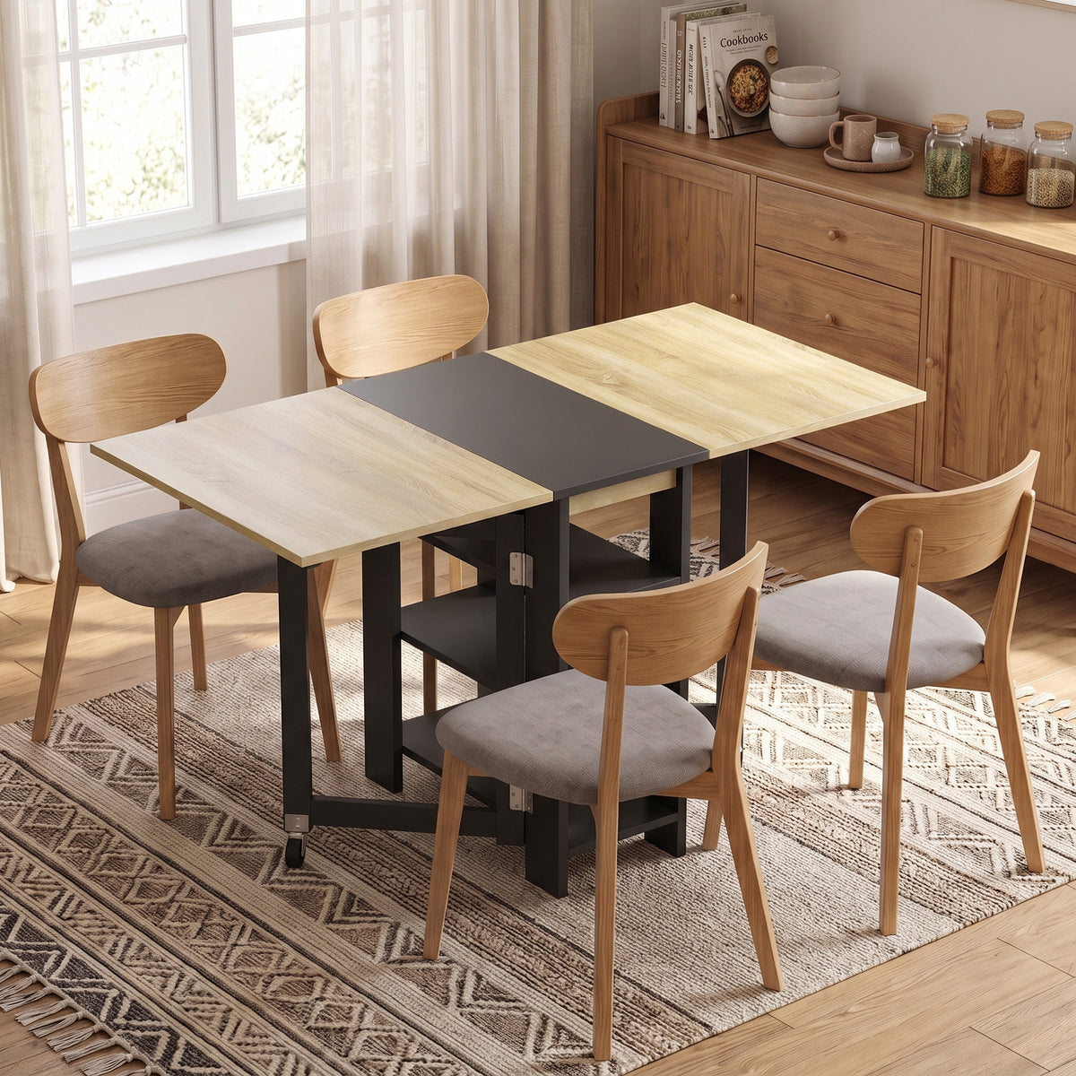 Table à Manger Pliante sur Roulettes, Table de Cuisine pour 2 à 4 Personnes avec Étagères de Rangement, Chêne et Noir-1