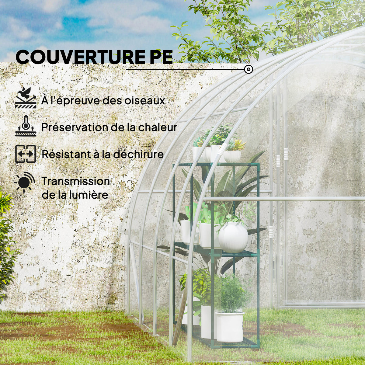 Serre de jardin tunnel 4 x 3 x 2 m 12 m² avec 2 portes à charnières bâche en PE 150 g/m² pour Légumes Plantes Fleurs-4