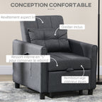 Fauteuil convertible 1 place 3 en 1 dossier réglable en 3 positions oreiller inclus 2 poches latérales 69x82x85cm gris-3