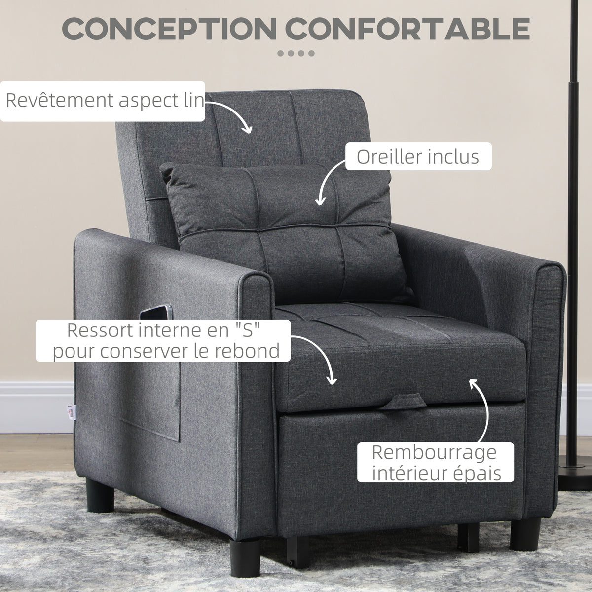 Fauteuil convertible 1 place 3 en 1 dossier réglable en 3 positions oreiller inclus 2 poches latérales 69x82x85cm gris-3
