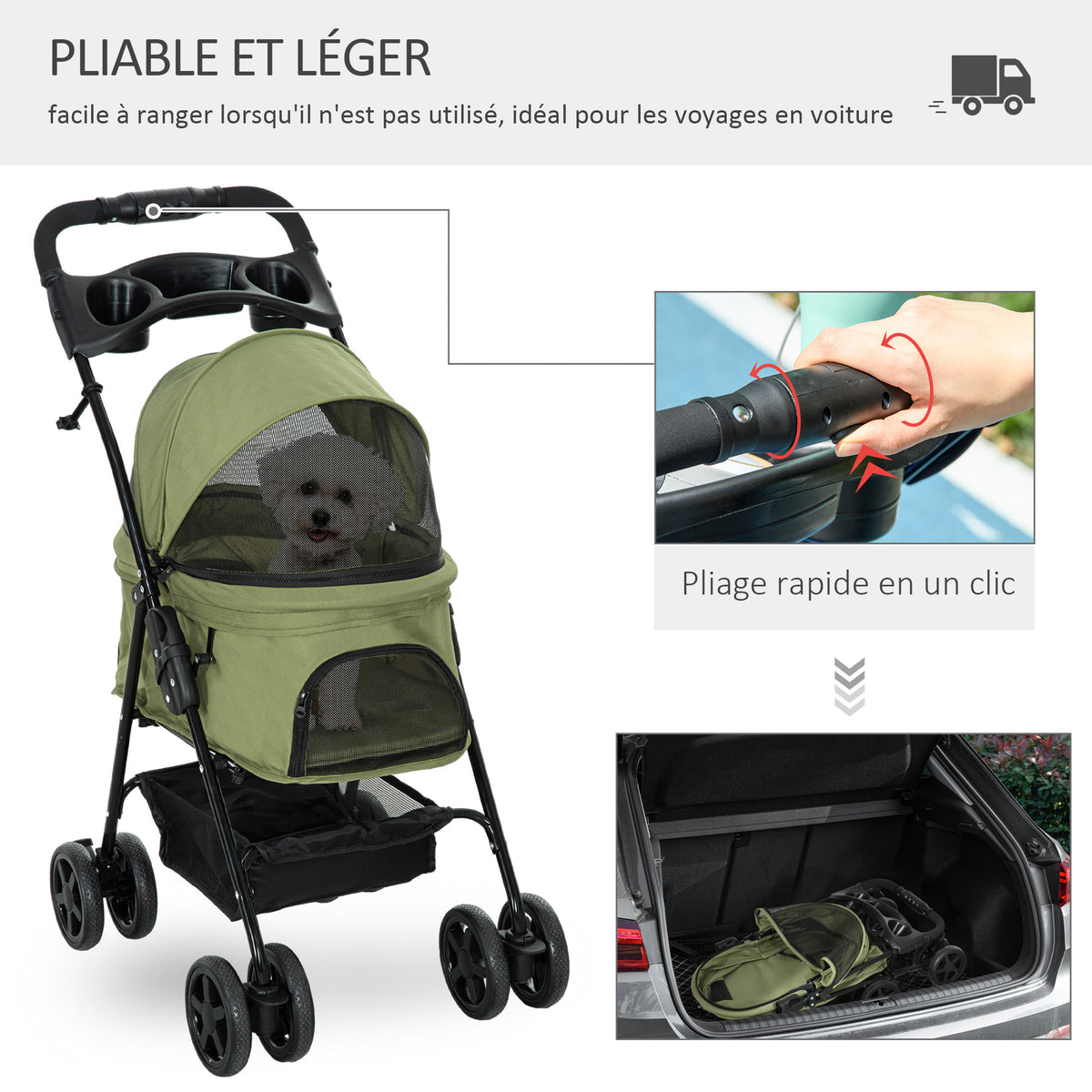 Poussette buggy pliable chien chat panier rangement porte-gobelets tissu 300D Oxford imperméable 4 roues vert-3