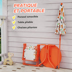 Salon de jardin enfant, table enfant avec 2 chaises pliantes et parasol Ø 100 cm, motif animal, orange-4