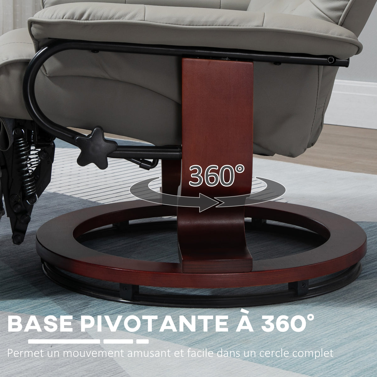Fauteuil relax inclinable repose-pieds réglable pivotant 360° piètement bois revêtement PU respirant et doux gris-4