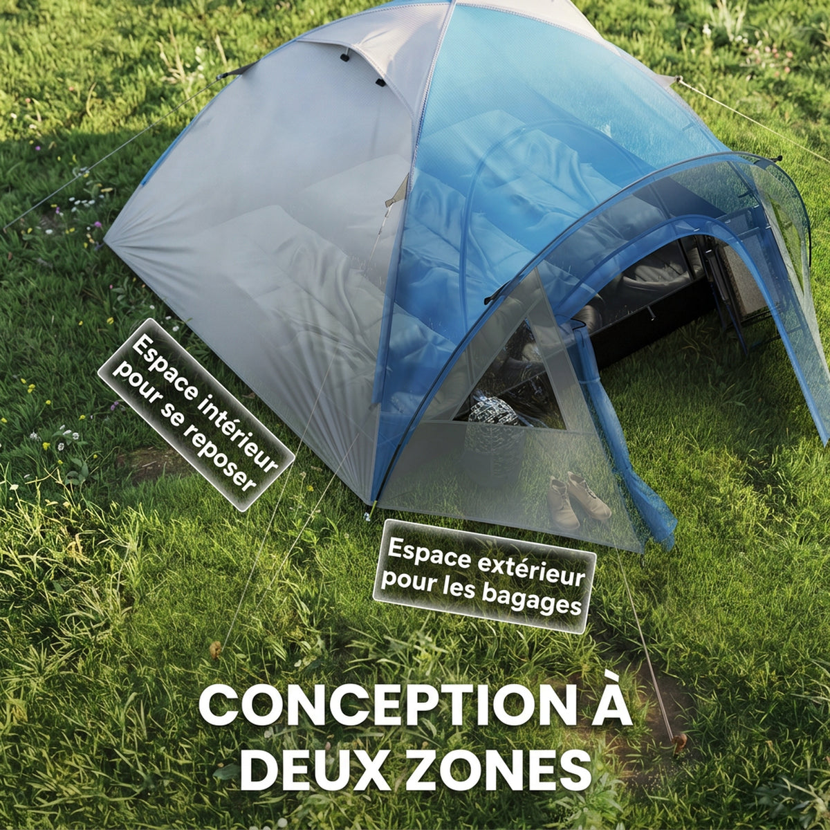 Tente de camping familiale 3 personnes tente dôme étanche légère, ventilée facile à monter double porte et-4