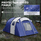 Tente de Camping pour 4 Personnes, 2 Chambres, Imperméable 3000mm, avec Tapis de Sol et Sac, 420x300x200cm, Bleu Foncé-4