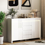 Buffet salon, meuble de rangement avec éclairage LED 4 tiroirs portes à fermeture douce 120 x 34 x 80 cm, blanc brillant-1