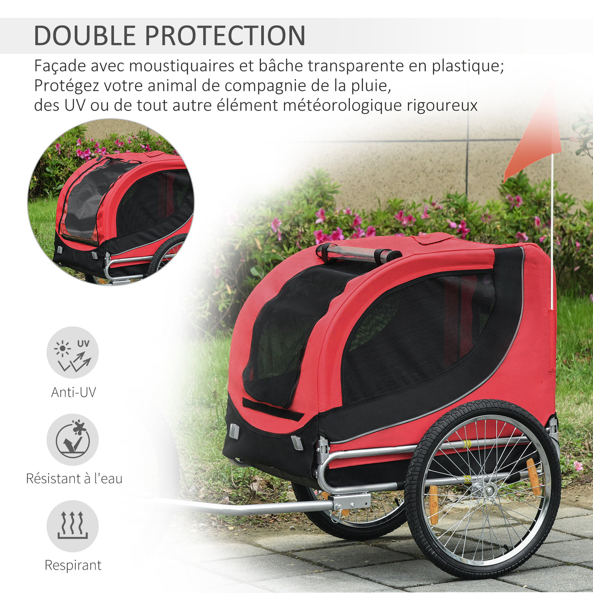 Remorque velo pour chien animaux avec 8 reflecteurs drapeau rouge noir-4