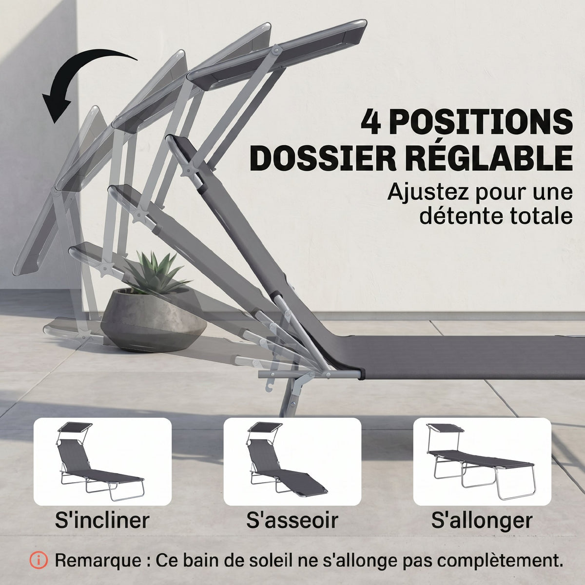 Transat Bain de Soleil Pliable Chaise Longue Pliante Grand Confort Dossier Inclinable Multi-positions et Pare-Soleil réglable Dim. 187L x 58l x 36H cm Gris-4