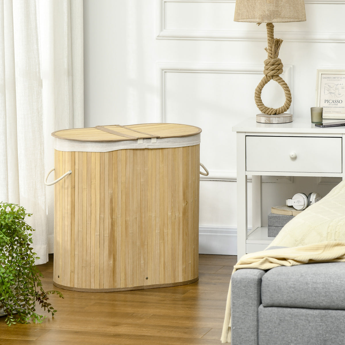 Panier à linge en bambou 100L avec 2 sections couvercle et sac amovible 62,5 x 37 x 60,5 cm - naturel-1