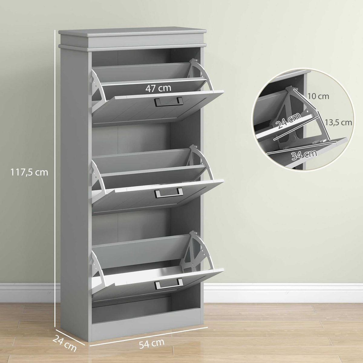 Meuble à chaussures, armoire à chaussures 3 portes abattants 15 paires, étagères réglables, 54 x 24 x 117,5 cm, gris-2
