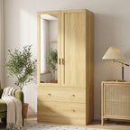 Armoire chambre penderie avec miroir, 2 portes, 2 tiroirs et barre de suspension, 80 x 50 x 180 cm, chêne-8