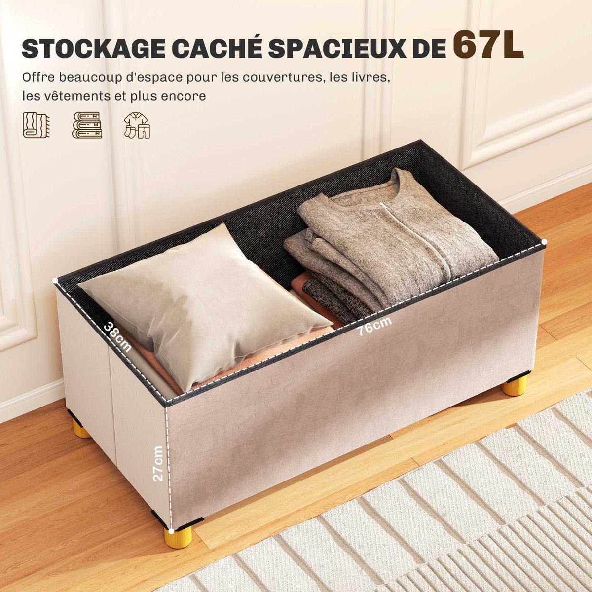 Banc de rangement bout de lit pliable volume 67 L capacité de charge 120 kg avec couvercle 76L x 38l x 38H cm rose-3