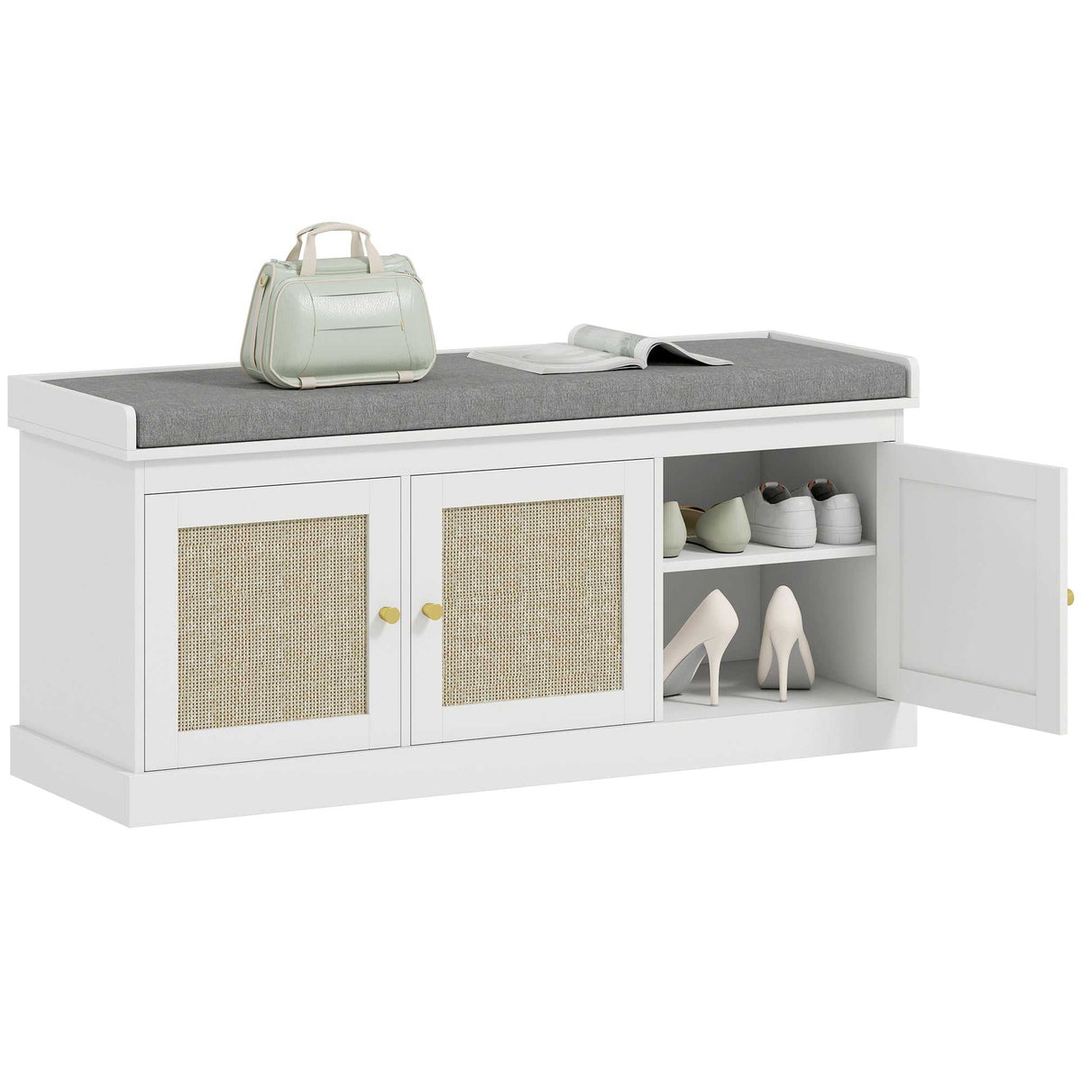 Banc chaussures entrée 9 paires, banc de rangement, 3 portes en rotin, coussin et étagère réglable, 105x35x47cm, blanc-8