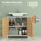 Meuble sous vasque de salle de bain 2 portes étagère réglable armoire de rangement pour lavabo 60x30x60 cm bambou blanc-4
