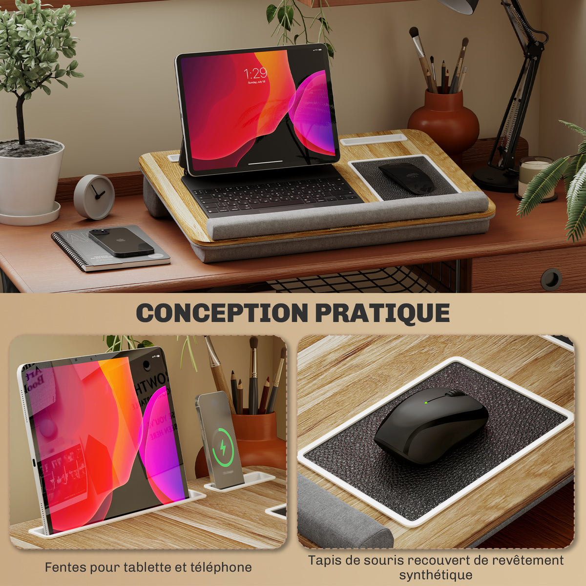 Support ordinateur portable lit avec traversin fente pour tablette ou téléphone tapis de souris repose-poignet poignée-3