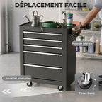 Chariot à outils sur roulettes, Servante d'atelier en acier 5 tiroirs verrouillable 2 clés, 61,5 x 33 x 82,5 cm, noir-5