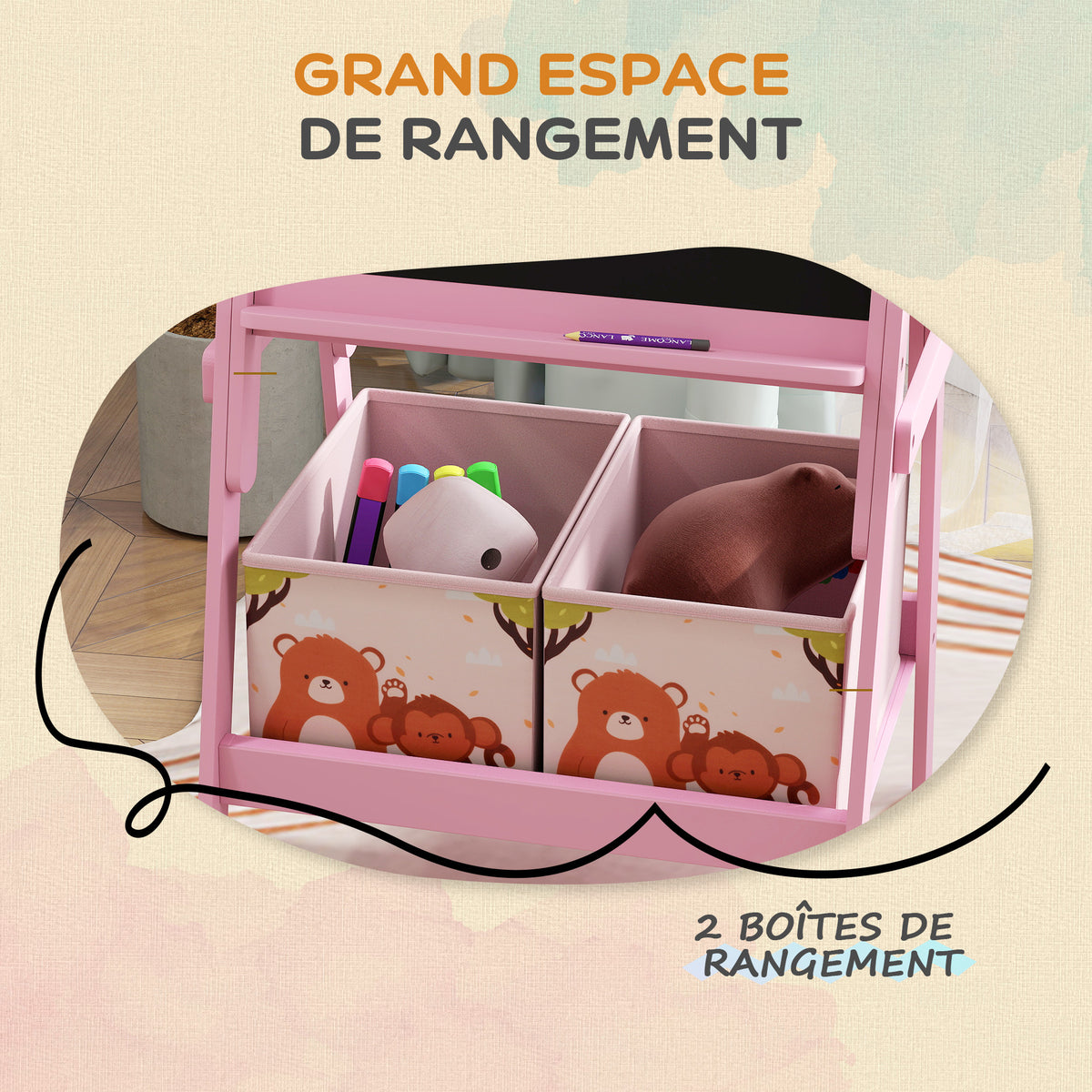 Tableau enfant chevalet enfant double face 2 boîtes de rangement pour enfants 3 - 8 ans 49 x 53,5 x 113 cm rose-4