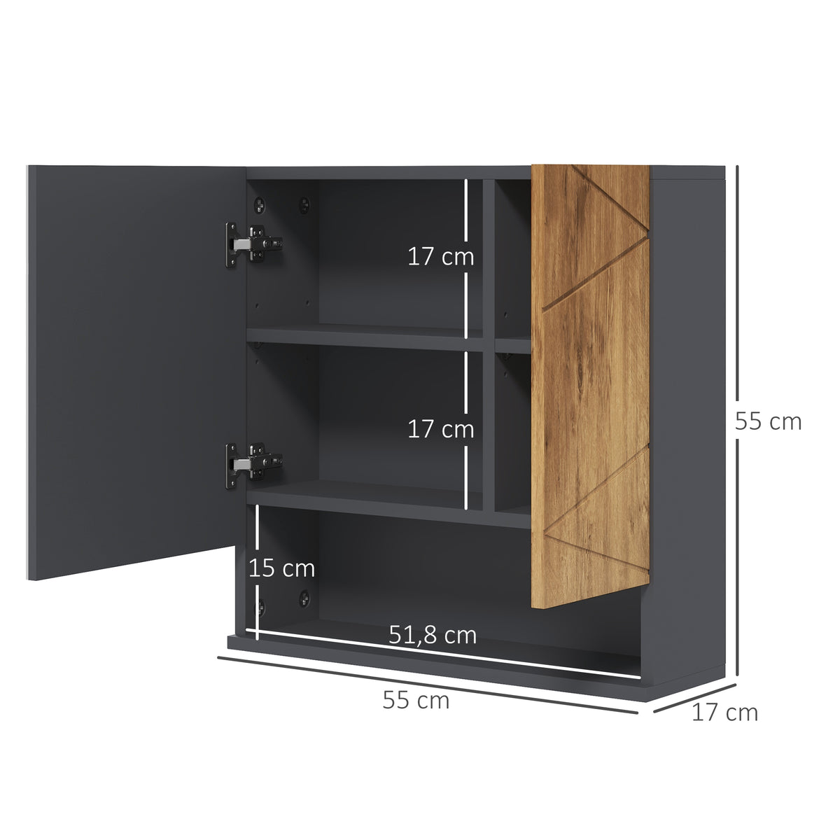 Armoire murale miroir de salle de bain placard de rangement 2 portes 55 x 17 x 55 cm naturel gris foncé-2