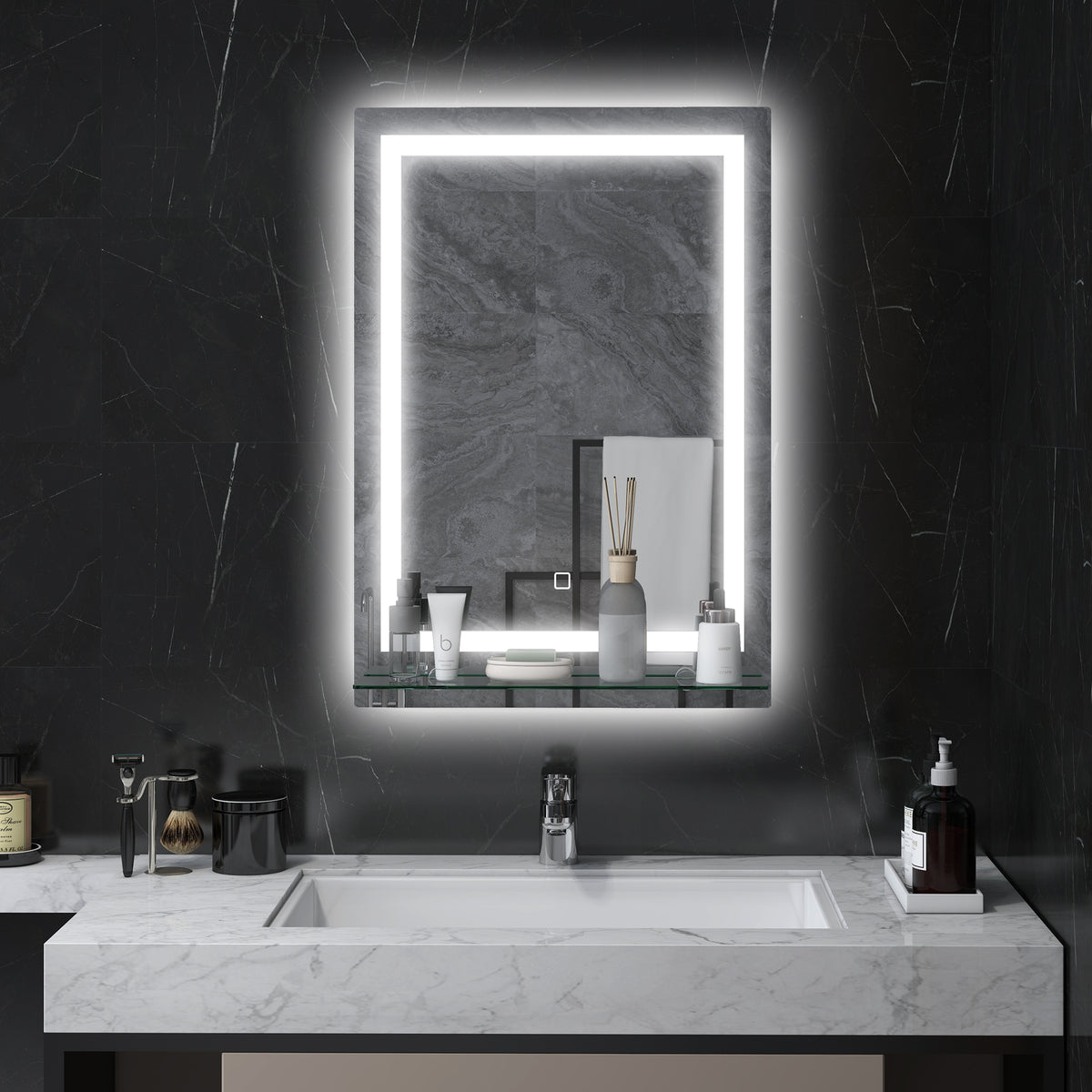 Miroir lumineux LED mural de salle de bain avec étagère intégrée 3 couleurs luminosité réglable interrupteur tactile-1